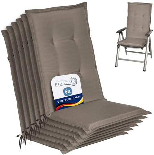 Beautissu 6er Set Gartenstuhlauflage Hochlehner Sitzpolster mit Schaumkern | 120x50x6cm Taupe weiche Polster Auflage Sitzkissen für Gartenmöbel Füllung Stuhlauflage Gartenstuhl Auflagen Loft HL