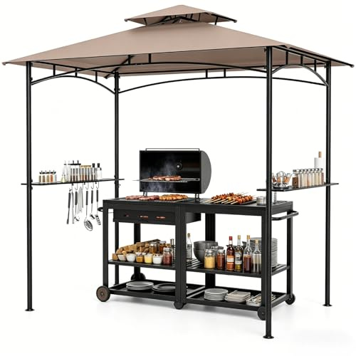 KOMFOTTEU Gazebo per Barbecue da Esterno, a 2 Livelli con 2 Ripiani, 6 Ganci, Gancio a Soffitto e Apribottiglie, Pergola per BBQ Impermeabile per Giardino, Feste, Picnic, 242x150x250cm (Marrone)