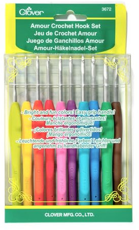 Clover Crochet Hook Set Amour Häkelnadeln, 10 kg, Größe B bis J, Textil, Mehrfarbig, 5.5 Height x 4.2 Length x 1 Width