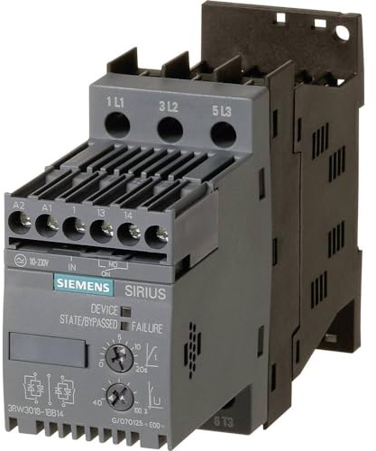 Siemens 3RW3018-1BB14 Sirius Soft Starter, Size S00, 17.6A, 7.5KW/400V, 40 Degrees, 200-480V AC, 110-230V AC/DC, Screw TERMINALS, White
