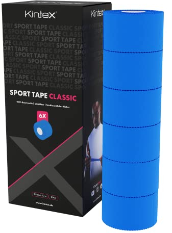 Kintex 6 Rollen Sporttape, 3,8 cm x 10 m, unelastisch, starres Tape, zur Fixierung und Stabilisierung von Gelenken, Fingertape, Tapeverband, hautfreundlich, reißbar (Blau)
