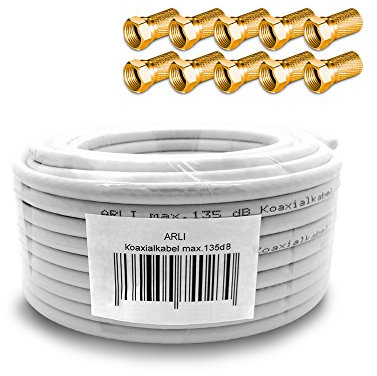ARLI 20m Koaxialkabel – max. 135 dB 5-fach geschirmt UV-beständig + 10x F-Stecker vergoldet mit breiter Mutter & Dichtring für DVB-S DVB-T2 4K HDTV