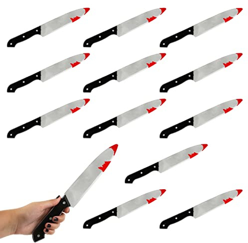Halloween Knife - Pack of 12-30cm Long Fake Bloody Knife with Black Handle - Halloween Slasher Bloody Knife Fancy Dress Prop Accessory