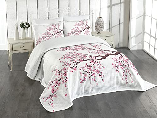 ABAKUHAUS japanisch Tagesdecke Set, Sakura Zweig Blüten, Set mit Kissenbezügen Kein verblassen, für Doppelbetten 264 x 220 cm, Rosa Dunkelbraun