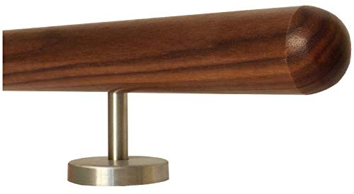 TIBU Nussbaum Geländer Handlauf Treppe Holz Griff gerade Edelstahlhalter, Länge 30-500 cm aus einem Stück/zum Beispiel Länge 50 cm mit 2 gerade Halter und Enden Halbkugel gefräst