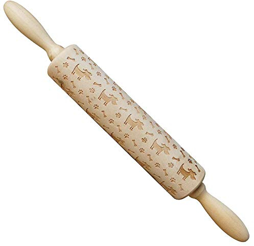Rouleau à pâtisserie 3D en bois avec motif de chien en relief, 34 cm – Motif décoratif gravé pour pâtisserie, tarte, pizza, pâtisseries, pâtes et cookies