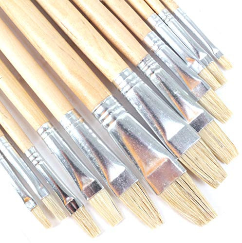 Flat Artist Paintbrushes - 12Pc Long Handled Wooden Paint Brush Set
