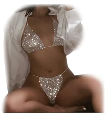 Cusmyre Women Rhinestone Bra Panties Sets Crystal Bikini Underwear Thong Body Chain Top Bra Sequin Brief Crop Top, Silver, One Size