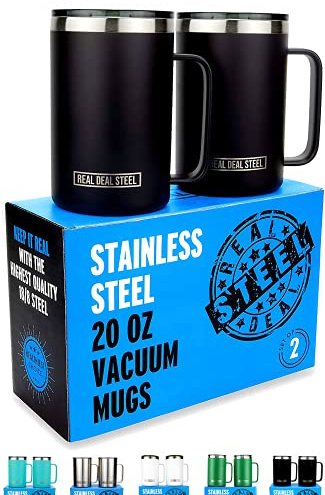 Stainless Steel Vacuum Insulated Mugs: 20 oz Large Double Wall Set of 2 Coffee Mugs with Lid and Handle (Black)