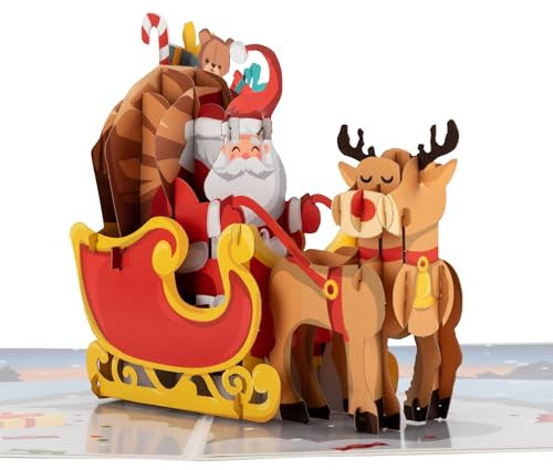 Cardology - Santa with Rudolf The Reindeer Christmas Card | Santa Sleigh Pop Up Christmas Cards for Kids and all family, 3D Christmas Greeting Cards with Notecard and Envelope