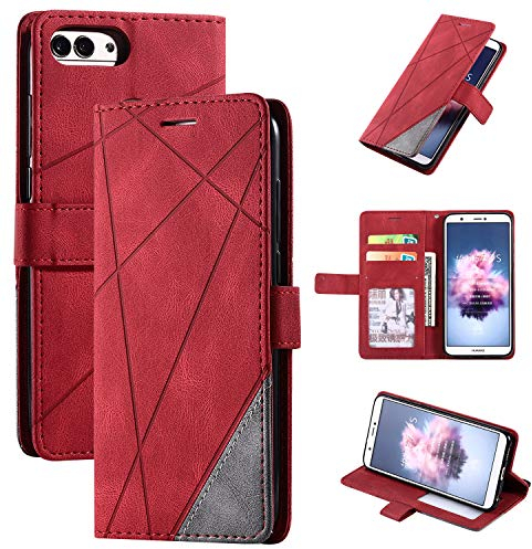 QiongniAN Hülle für Huawei Enjoy 7S Hülle Leder,Hülle für Huawei P Smart FIG-L03 FIG-LX2 FIG-L21/L22 FIG-LX1/LX3 FIG-LA1 / Honor 9 Lite LLD-L22A LLD-L31 Hülle Klapphülle Handytasche Case Red