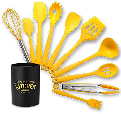 Couteaux Et Ustensiles De Cuisine,10 pièces ensemble d'ustensiles de cuisine jaunes de qualité alimentaire ustensiles de cuisine antiadhésifs résistants à la chaleur avec boîte de rangement ustensile