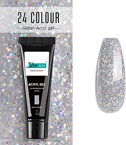 Builder Gel Jelly Crystal Nail Art Glue Quick Extension ACRYL GEL 24 Colours - (12 - Silver Glitter)