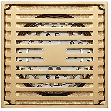 YTTS Desagüe De Ducha Cuadrado, Desagüe De Piso De Latón De 4 Pulgadas con Rejilla De Inserción De Azulejos Extraíble Y Colador De Pelo, Acabado De Latón Dorado Cepillado para Baño, Cocina, Hotel,Oro