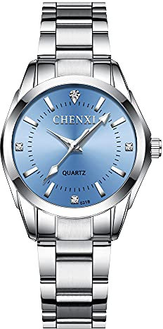 Montres Femmes Classic Business avec Bracelet en Acier,Montre Femme élégante à Quartz en Acier Inoxydable (Bleu Clair)