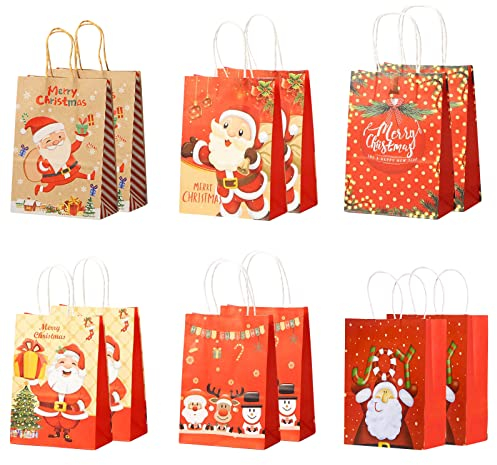 12 Stück Papiertüten Weihnachten, Geschenktüten, Dapiertüten mit Henkel, Weihnachtstüten Süßigkeiten Tüten, Braun Kraftpapier Weihnachtsfeierbedarf, Kraftpapiertüte für Party Geschenkverpackung (B)