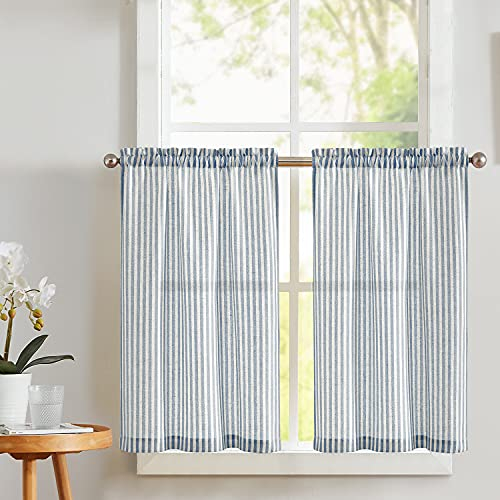 TOPICK 2er Set H 90 x B 65 (cm) Gestreifte Scheibengardinen Leinen Gardinen mit Streifen Küchenvorhang Blickdicht Kurz Küchengardinen für Küchen Esszimmer Badezimmer Klein Fenster Blau auf Beige