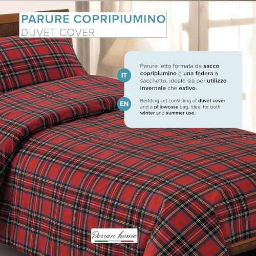 Dorian Home - Bettbezug-Set mit Bettbezugtasche aus 100% Reiner, weicher und zertifizierter Baumwolle (Schottisches Rot, Einzelbett - 155x210 cm + 1 50x80 cm)