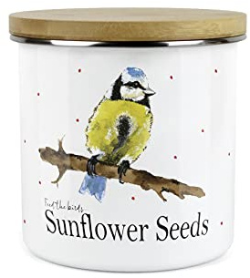 Purely Home Feed the Birds Range Sunflower Seeds Storage Canister by Rhiannon Chauncey - White Metal Enamel Bird Food Storage Container