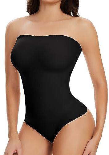 Joyshaper Damen Trägerloser Body Thong Shapewear Bodysuit mit Abnehmbarer Trägern Bauchweg Body Shaper Taillenformende Miederbody Schwarz S