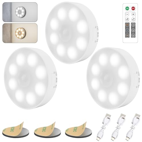 Electight 3 Packs Luz Nocturna Sensor Movimiento[con Mando a Distancia], Luces LED Armario luminosidad/Color Ajustables, Recargable por USB, para Interiores, Cocina, Armario, Escalera, Pasillo