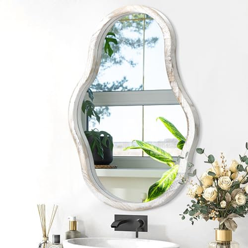 Weißer asymmetrischer Wandspiegel mit Holzrahmen moderner unregelmäßiger einzigartiger Hängespiegel künstlerischer Spiegel Dekor Badezimmer Waschtisch Schlafzimmer Wohnzimmer Eingangsbereich groß