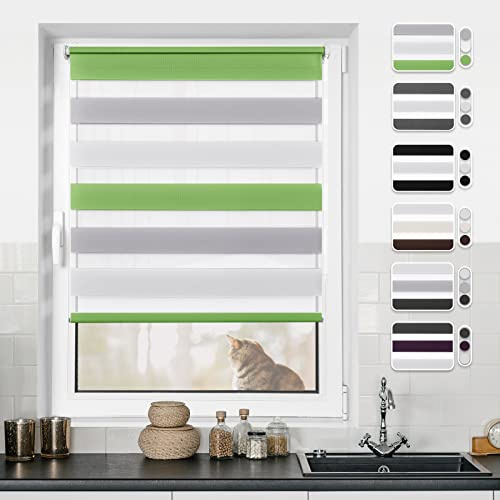 Doppelrollo Klemmfix ohne Bohren Rollos für Fenster ohne Bohren mit Bohren Grün-grau-weiß B105 x H140cm -Stoffbreite 101cm Rollo Fensterrollo Klemmrollos Fensterrollo innen