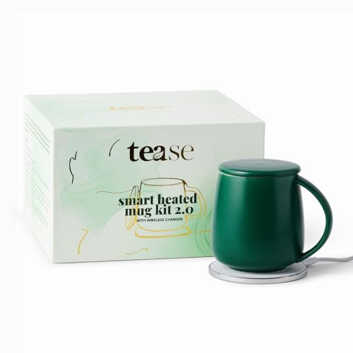 Heated Coffee Mug Kit 2.0 by Tease Tea Temperature Control Heated Coffee Mug Smart Self Heating Travel Coffee Mug with Charging Pad for Phone & Airpods, Keep Coffee & Tea Hot! (Deep Mint Green) 12oz