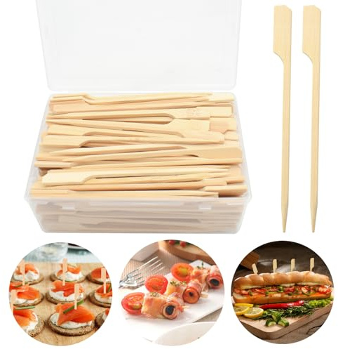 PEOUWNES 200 Pcs Bamboo Skewers for Appetizers, 4.7 Inch Toothpicks with Storage Box, Cocktail Picks for Drinks, Fruit Kababs, Sausage, Barbecue Snacks, Fondue, Natural Wooden Paddle Skewer Mini Food