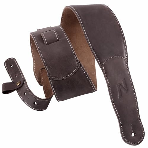 Nefelibata 3-Inch Guitar Strap, Full Grain Leather with Foam Padding and Cable Organizer Loop for Kids, Men and Women for Acoustic, Bass and Electric Guitar(Dark Brown)