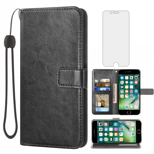 Asuwish Handyhülle für iPhone 7/8/SE 2020 2022 Hülle mit Folie und Kartenfach Klappbar Leder Geldbörse Ständer i SE2020 SE2022 2/2nd 3/3rd Generation 7s 8s 6SE SE2 SE3 Handy Hüllen Phone Case Schwarz