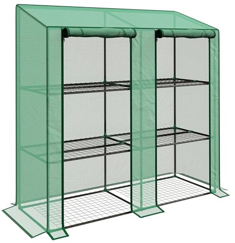 Outsunny Serra da Giardino con Copertura in PE e 6 Mensole a Rete, Serra Addossata da Balcone con 2 Porte Avvolgibili, 143x46x151cm, Verde