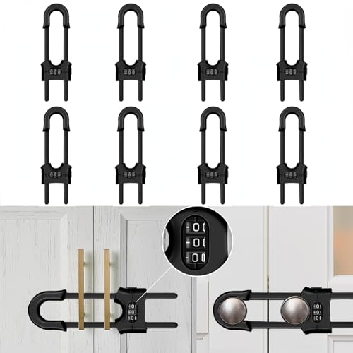 8 Pack Child Safety Sliding Cabinet Locks, Adjustable U-Shaped Child Proof Sliding Cabinet Door Code Locks 3 Digit Password, Reusable Baby Safety Cupboard Locks for Knob Handle Drawers Closet(Black)