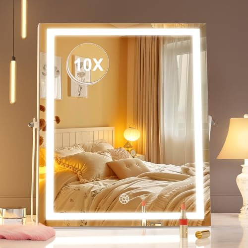 Hasipu Kosmetikspiegel mit Beleuchtung, 29 x 35cm LED Schminkspiegel mit 10-facher Vergrößerung, Smart Touch 3 Farben dimmbar, 360ー drehbar, Weiß
