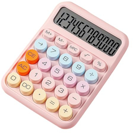 Calculatrice mécanique 12 chiffres grand écran LCD gros bouton rond mignon couleur bonbon calculatrice adaptée pour le bureau, l'école, la maison pour les enfants, les étudiants, les comptables – Rose