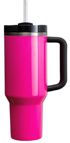 40OZ Mug Isotherme, Thermos Café avec Paille et poignée Tasse à Café Acier Inoxydable Tasse Isotherme Voyage double isolée sous vide avec Couvercle, 1200ML (Pink Fluorescent)