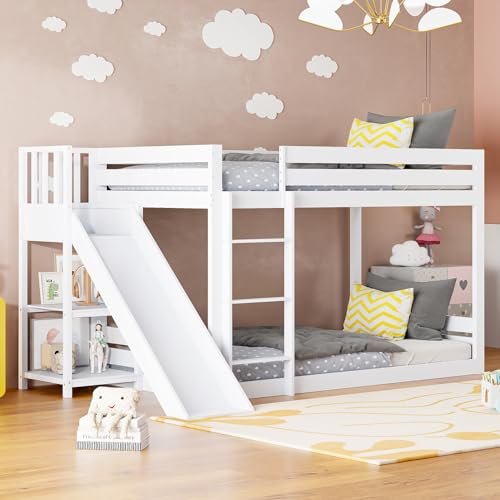 KOMHTOM Etagenbett, weiß, Polsterbett mit Stauraum, Hochbett für 2 Personen, mit Rutsche und Leiter für Jungen und Mädchen, mit Fallschutzschienen (weiß)