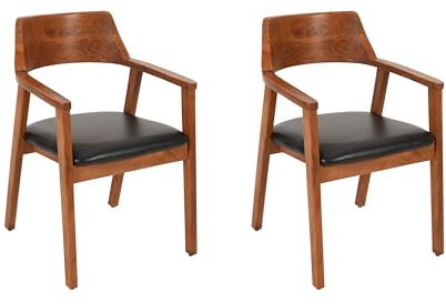 SAM 2er Set Esszimmerstuhl Angel, Akazienholz nussbaumfarben, schwarzes Echtleder, Holzstuhl mit Armlehnen, ergonomischer Massivholz-Sessel mit Leder-Bezug, Stuhl für Küche, Esszimmer & Wohnzimmer