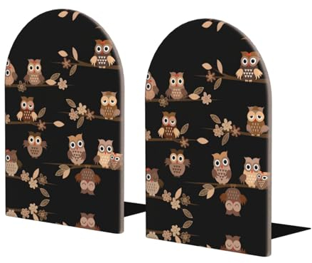 1 paire de serre-livres en bois avec motif chouettes mignonnes de dessins animés marron pour étagères, serre-livres en bois robuste pour livres et films