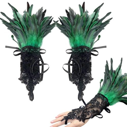 YumSur Damen Schwarz Feder Spitze Fingerlose Handschuhe 20er Jahre mit Federn für Karneval, Hochzeit Halloween Fasching Cosplay Party (türkis, Standard)