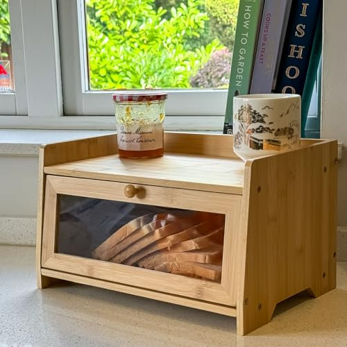 Maison Des Cadeaux Bamboo Wood Single Layer Bread Bin Food Storage Kitchen Countertop Top Shelf