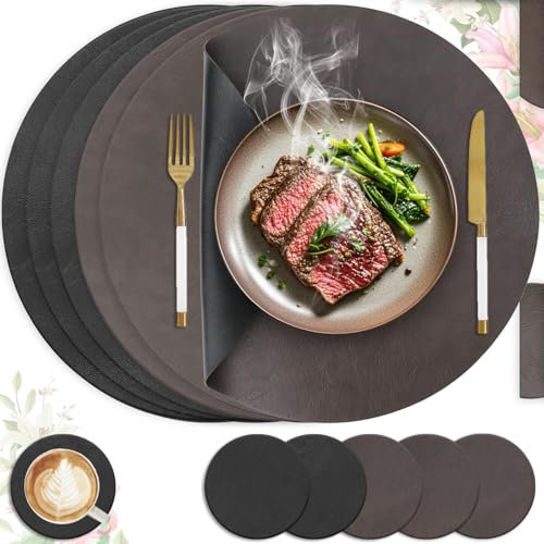 HELI MIAO 6er Set Tischset aus Leder-Imitat,Platzsets abwaschbar und wasserdicht,Platzdeckchen Lederoptik mit Untersetzer,Tischuntersetzer Doppelseitigen rutschfest(Rund,Dunkelbraun+Schwarz)