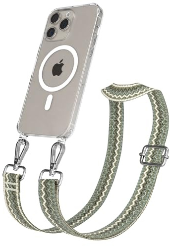 EAZY CASE Handykette - Verstellbares Taschenband kompatibel mit iPhone 15 Pro Max, Schulterriemen, Handykordel mit Silikon Hülle, Qi Charging kompatibel, Umhängetasche, Grün Beige Silber