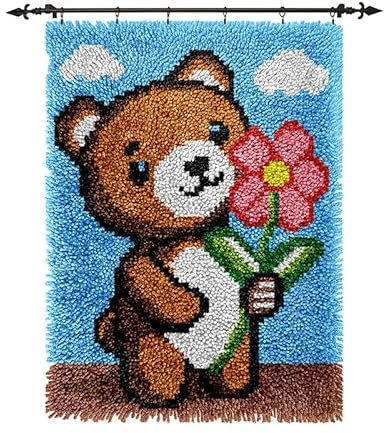 veirousa Bear Latch Hook Kits for Adults, Beginners Animals Cub Latch Hook Rug Starter Kit Pre-Printed Carpet Making Set DIY Handmade Wall Hanging Craft for Home Decoration 20x15 inch