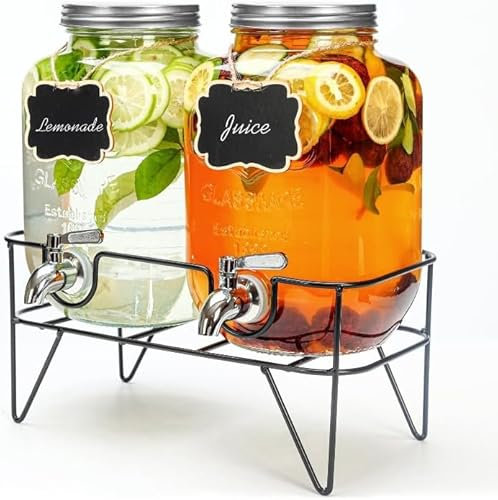 MallCreaty Getränkespender aus Glas 4 Liter mit Wasserhahn, 2er-Pack Wasserspender mit Ständer, Limonaden-Getränkespender für Eistee, Eisgetränke, Kombucha-Spender Geeignet für Partys, Hochzeiten