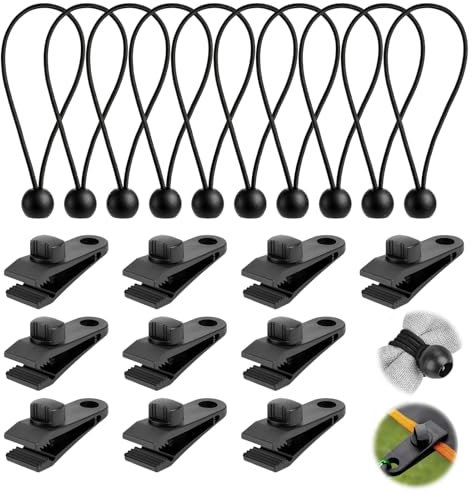 Wjelet 10 Set Heavy Duty Tarp Clip and Awning Clamp With Bungee Cord - Linoleum Tent Clips With Bungee Balls for Outdoor, Camping, Garden, and Pool Tie-Downs