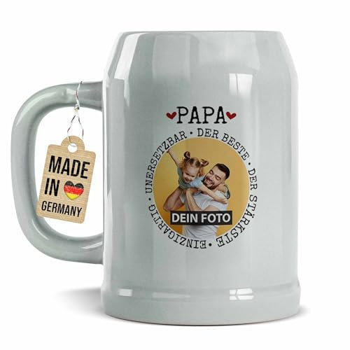 Tassendruck Bierkrug mit Foto personalisieren - Synonyme für Papa - Vatertagsgeschenk, Geschenk zum Geburtstag, Bier Geschenke, Keramik Grau, 500 ml