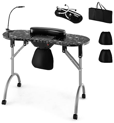 COSTWAY Folding Manicure Nail Table, Portable Nail Station Beauty Technician Desk with Dust Collector, LED Lamp, Wrist Pad, Lockable Wheels & Carrying Bag, Mobile Professional Spa Salon Table (Black)