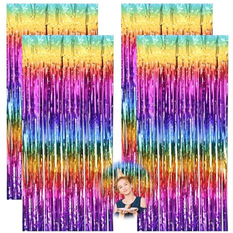 Jeqqinuz 4 Stück Lametta Vorhang Bunt, Metallische Glitzervorhang Fringe Luftschlangen Geburtstag Regenbogen Deko für Carnival Party Bühnendekor, 1m x 2m Lamettavorhang Tinsel Folie