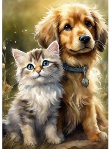 Fumupe 5D Diamond Painting Katzen und Hunde Erwachsene Anfänger, Tier Diamant Painting Bilder DIY Runder Vollbohrer Diamant Malerei Stickerei Set Kreuzstich Bilder Home Wand Dekor, 30x40cm